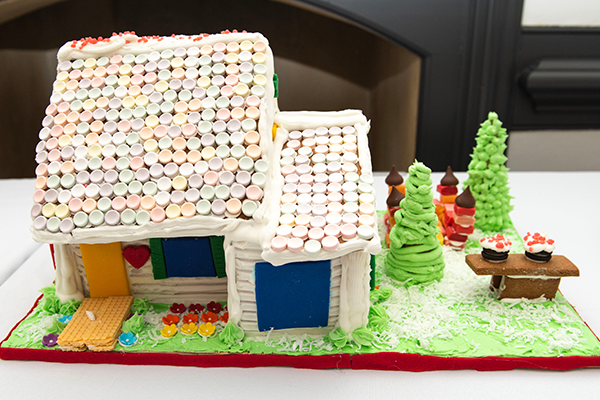 A beautiful 2 bedroom gingerbread house, with an attached garage. The building has white frosting siding, and a steep smartie-shingled roof. The vanilla wafer walkway gives easy access to the driveway and the street, and the starburst bouncy house in the side yard is perfect for kids to play on.