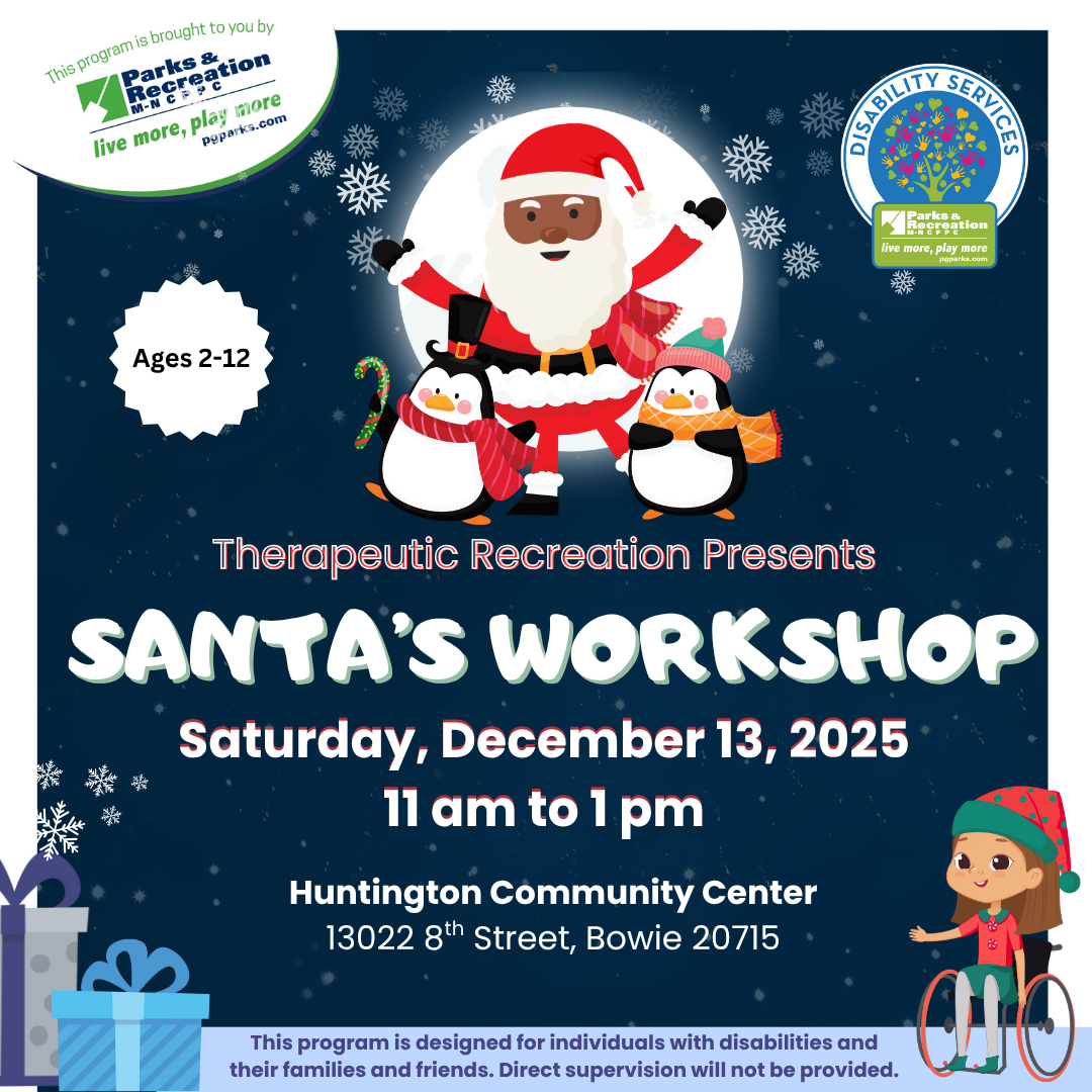 santa's workshop event, with Santa Clause and two penguins