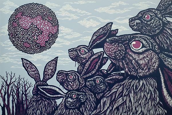 Artwork depicting seven rabbits staring up at a moon-like circle in the sky.