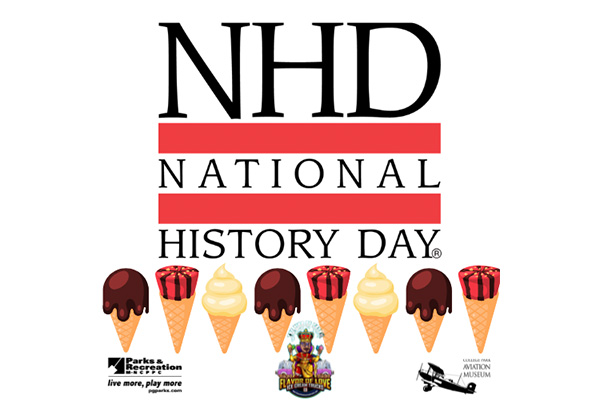 Different flavored ice cream cones line text reading "NHD - National History Day"
