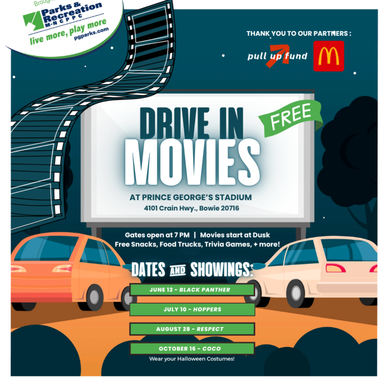 Flyer advertising free drive-in movies at Prince George’s Stadium, with dates, cars, sponsors, and event details.