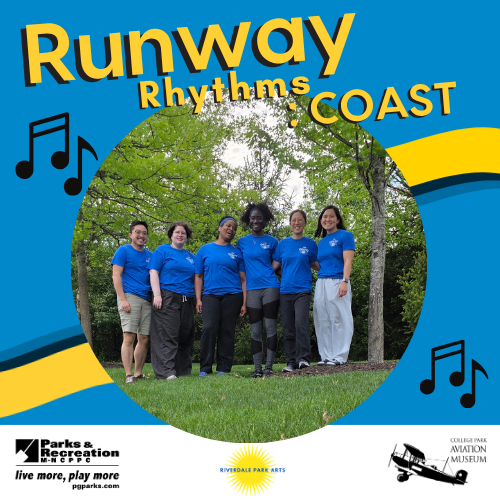 Group photo beneath trees with top text reading Runway Rhythm Coast, Parks and Recreation logo displayed along the bottom border.