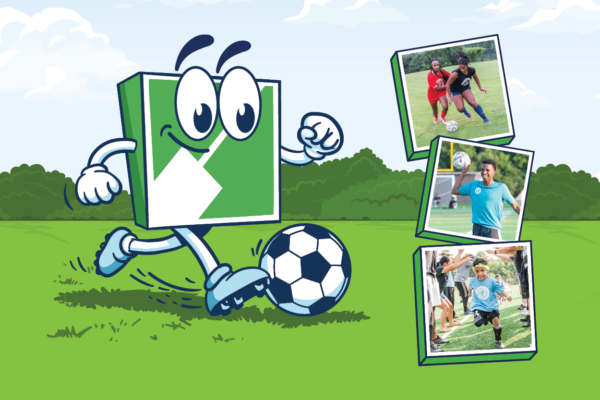 Square shaped cartoon kicking soccer ball on field, beside stacked photos of people playing outdoor soccer.