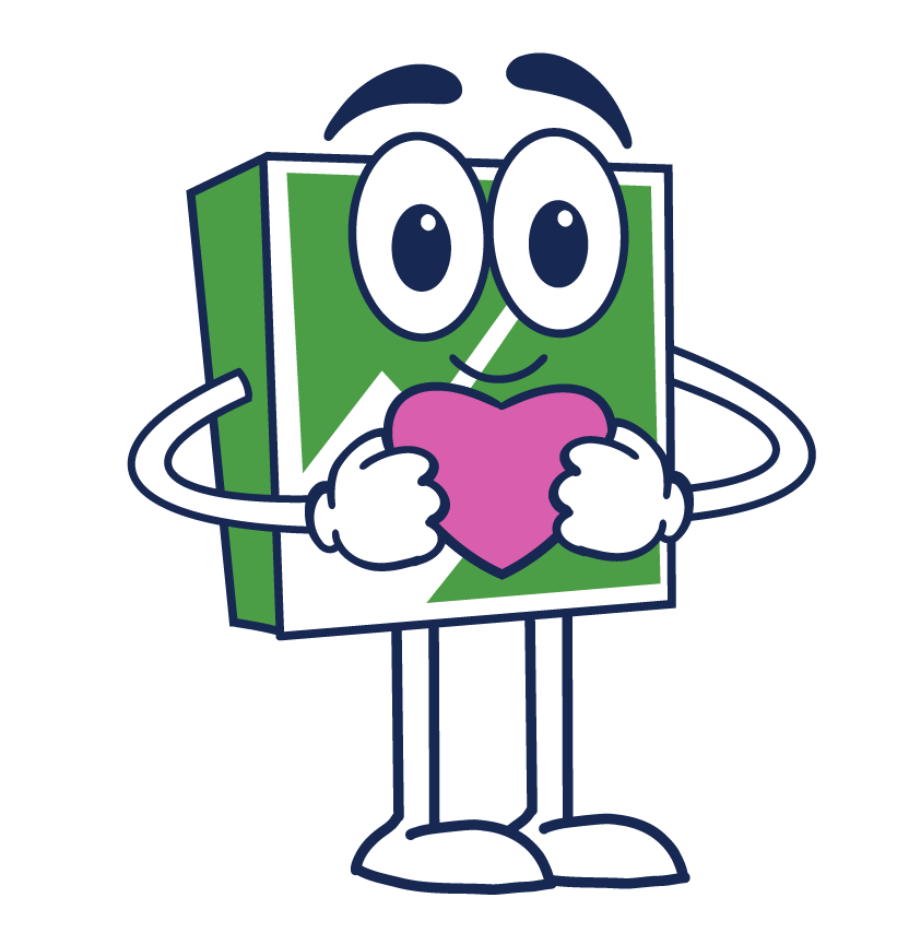 Fun, the PG Parks Mascot holding a heart