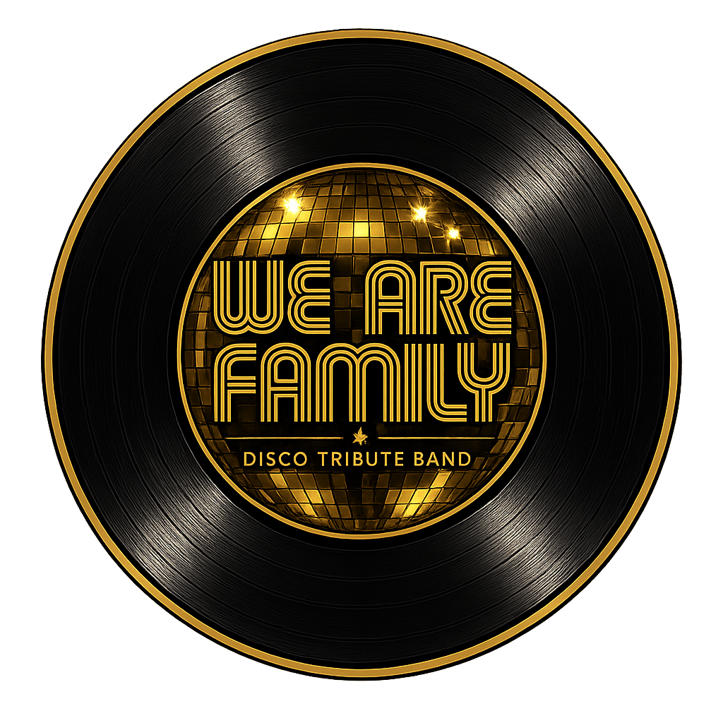 Logo featuring a gold disco ball inside a black vinyl record with the text “WE ARE FAMILY” and “DISCO TRIBUTE BAND” on a gold background.